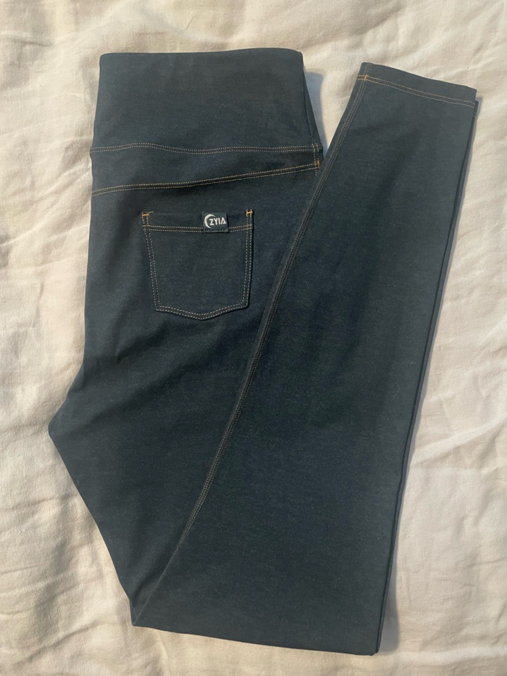 Zyia Faux Denim Dark Blue Leggings Skinny Jeggings with Back Pockets Sz 8-10